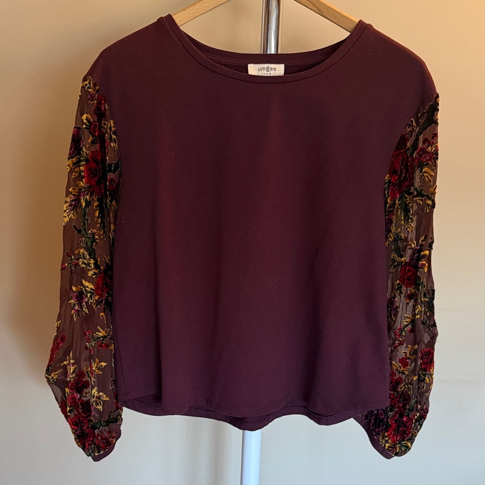 Umgee Burgundy Top with Floral Embroidered Sleeves